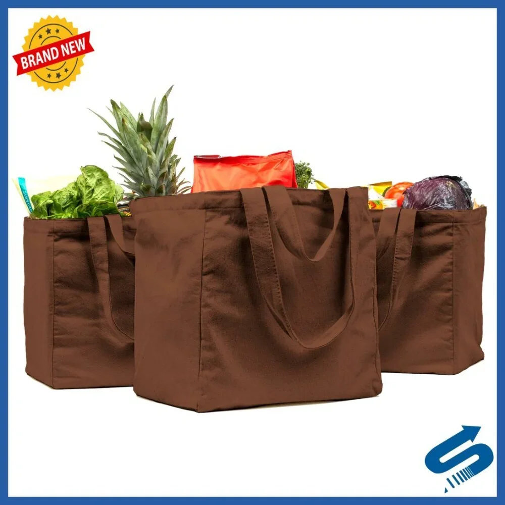Heavy Duty Canvas Grocery Tote Set Foldable Washable with Pockets and Dual